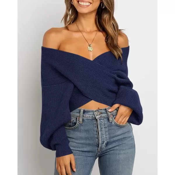 BTFBM Women Casual V Neck Long Sleeve Sweaters Cross Wrap Front Off Shoulder Asymmetric Hem Knitted Crop Solid PulloverSolid Bright Blue