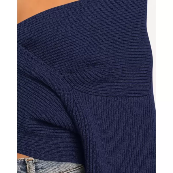 BTFBM Women Casual V Neck Long Sleeve Sweaters Cross Wrap Front Off Shoulder Asymmetric Hem Knitted Crop Solid PulloverSolid Bright Blue