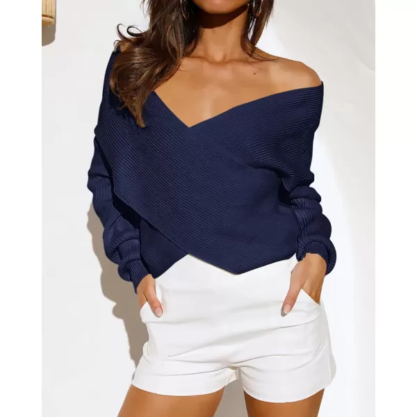BTFBM Women Casual V Neck Long Sleeve Sweaters Cross Wrap Front Off Shoulder Asymmetric Hem Knitted Crop Solid PulloverSolid Bright Blue