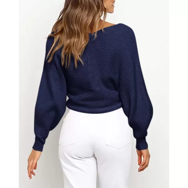 BTFBM Women Casual V Neck Long Sleeve Sweaters Cross Wrap Front Off Shoulder Asymmetric Hem Knitted Crop Solid PulloverSolid Bright Blue