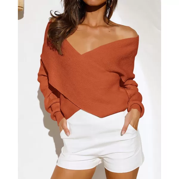 BTFBM Women Casual V Neck Long Sleeve Sweaters Cross Wrap Front Off Shoulder Asymmetric Hem Knitted Crop Solid PulloverSolid Brown