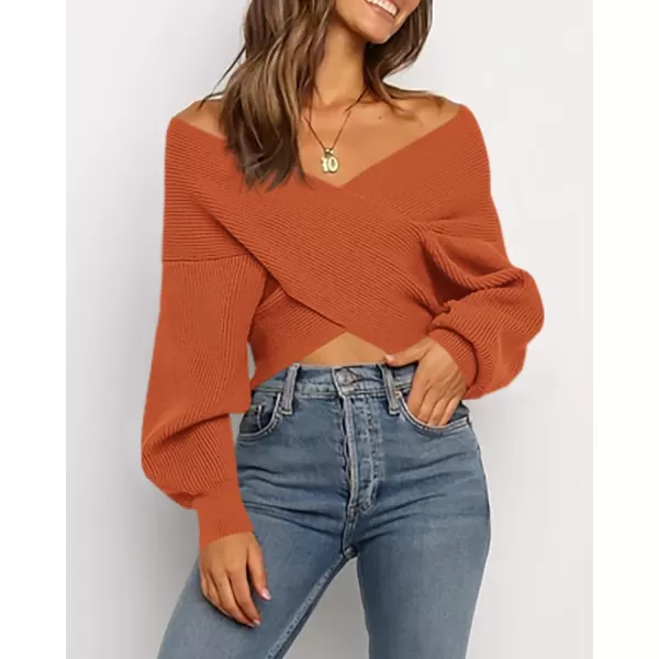 BTFBM Women Casual V Neck Long Sleeve Sweaters Cross Wrap Front Off Shoulder Asymmetric Hem Knitted Crop Solid PulloverSolid Brown