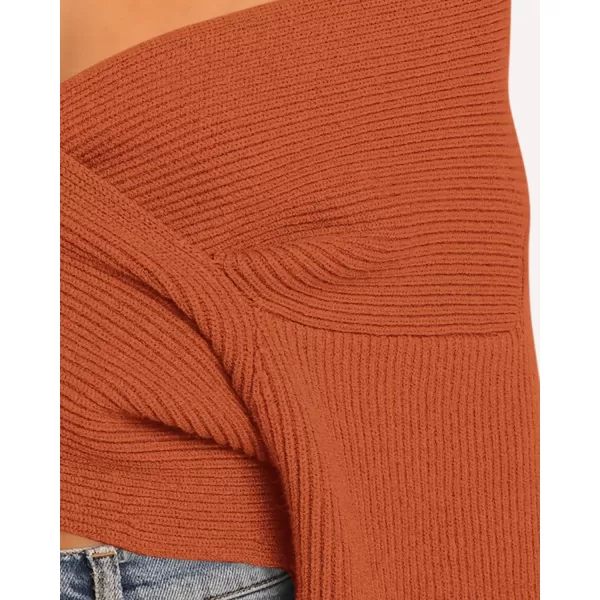 BTFBM Women Casual V Neck Long Sleeve Sweaters Cross Wrap Front Off Shoulder Asymmetric Hem Knitted Crop Solid PulloverSolid Brown