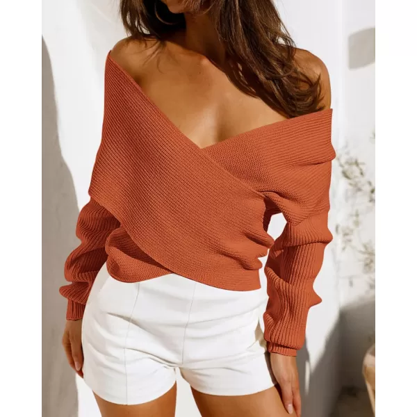 BTFBM Women Casual V Neck Long Sleeve Sweaters Cross Wrap Front Off Shoulder Asymmetric Hem Knitted Crop Solid PulloverSolid Brown