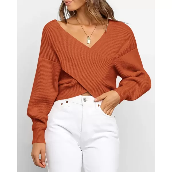 BTFBM Women Casual V Neck Long Sleeve Sweaters Cross Wrap Front Off Shoulder Asymmetric Hem Knitted Crop Solid PulloverSolid Brown