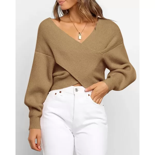 BTFBM Women Casual V Neck Long Sleeve Sweaters Cross Wrap Front Off Shoulder Asymmetric Hem Knitted Crop Solid PulloverSolid Camel