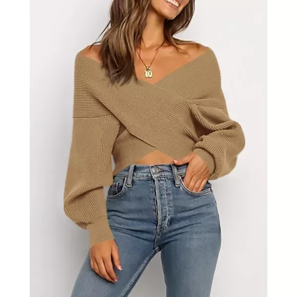 BTFBM Women Casual V Neck Long Sleeve Sweaters Cross Wrap Front Off Shoulder Asymmetric Hem Knitted Crop Solid PulloverSolid Camel