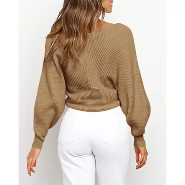 BTFBM Women Casual V Neck Long Sleeve Sweaters Cross Wrap Front Off Shoulder Asymmetric Hem Knitted Crop Solid PulloverSolid Camel