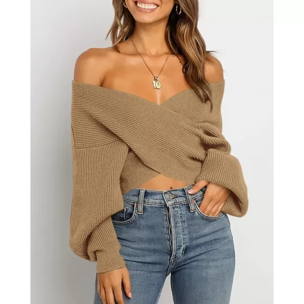 BTFBM Women Casual V Neck Long Sleeve Sweaters Cross Wrap Front Off Shoulder Asymmetric Hem Knitted Crop Solid PulloverSolid Camel