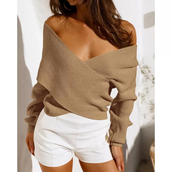 BTFBM Women Casual V Neck Long Sleeve Sweaters Cross Wrap Front Off Shoulder Asymmetric Hem Knitted Crop Solid PulloverSolid Camel