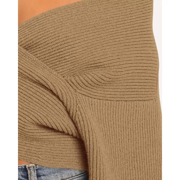 BTFBM Women Casual V Neck Long Sleeve Sweaters Cross Wrap Front Off Shoulder Asymmetric Hem Knitted Crop Solid PulloverSolid Camel