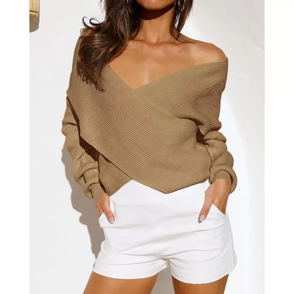 BTFBM Women Casual V Neck Long Sleeve Sweaters Cross Wrap Front Off Shoulder Asymmetric Hem Knitted Crop Solid PulloverSolid Camel