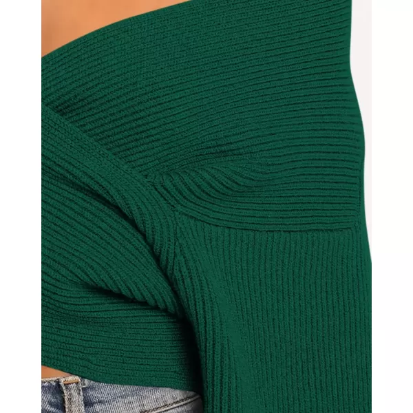 BTFBM Women Casual V Neck Long Sleeve Sweaters Cross Wrap Front Off Shoulder Asymmetric Hem Knitted Crop Solid PulloverSolid Dark Green
