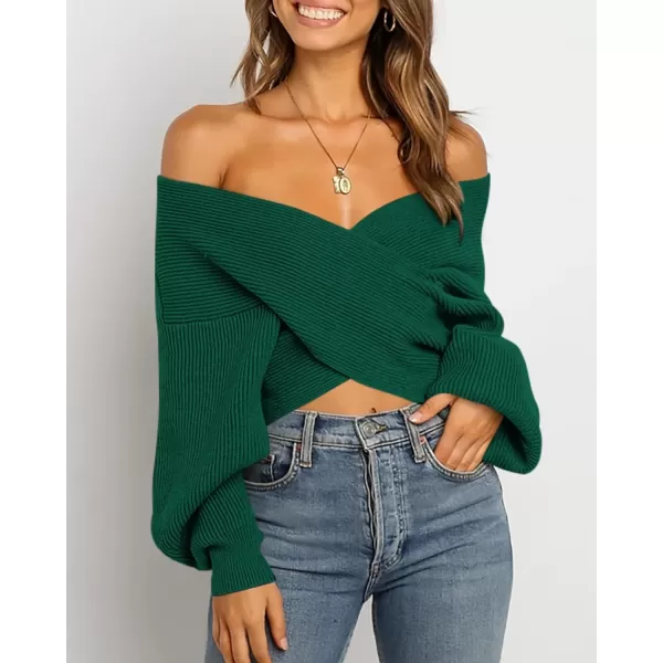 BTFBM Women Casual V Neck Long Sleeve Sweaters Cross Wrap Front Off Shoulder Asymmetric Hem Knitted Crop Solid PulloverSolid Dark Green