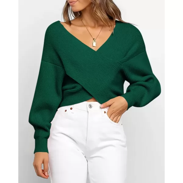 BTFBM Women Casual V Neck Long Sleeve Sweaters Cross Wrap Front Off Shoulder Asymmetric Hem Knitted Crop Solid PulloverSolid Dark Green