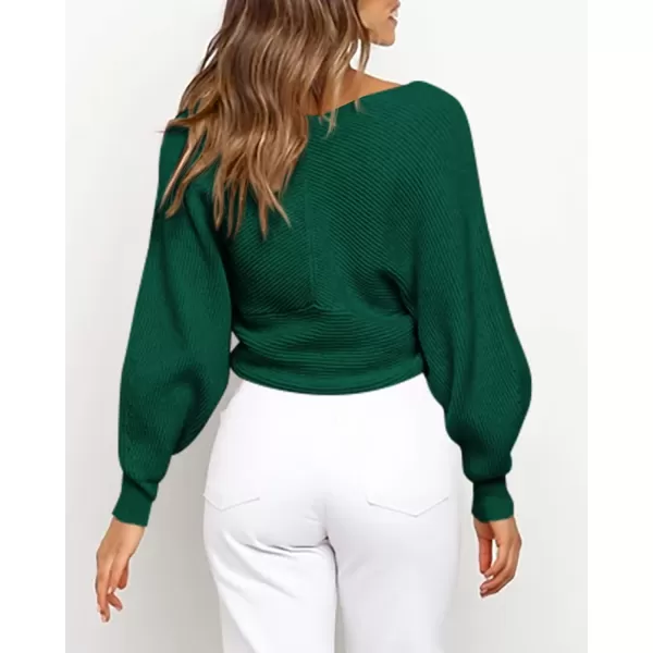 BTFBM Women Casual V Neck Long Sleeve Sweaters Cross Wrap Front Off Shoulder Asymmetric Hem Knitted Crop Solid PulloverSolid Dark Green