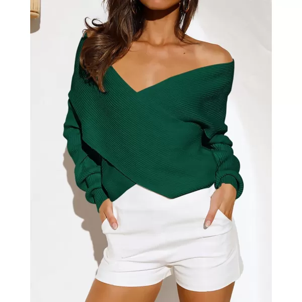 BTFBM Women Casual V Neck Long Sleeve Sweaters Cross Wrap Front Off Shoulder Asymmetric Hem Knitted Crop Solid PulloverSolid Dark Green