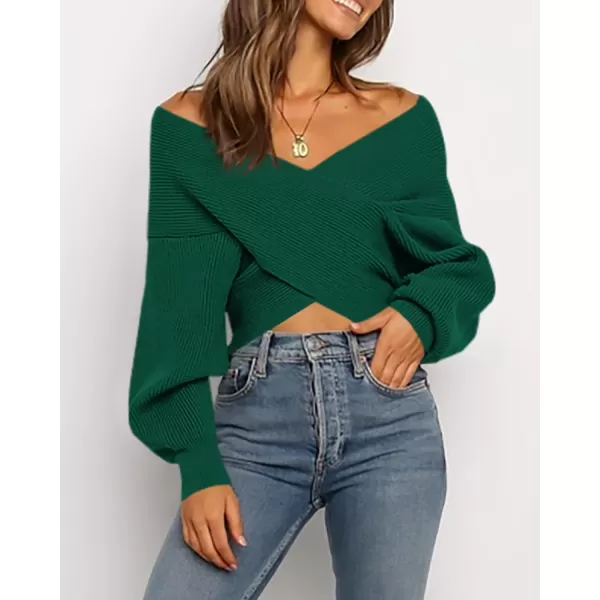 BTFBM Women Casual V Neck Long Sleeve Sweaters Cross Wrap Front Off Shoulder Asymmetric Hem Knitted Crop Solid PulloverSolid Dark Green
