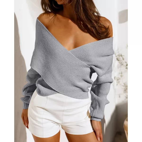 BTFBM Women Casual V Neck Long Sleeve Sweaters Cross Wrap Front Off Shoulder Asymmetric Hem Knitted Crop Solid PulloverSolid Grey