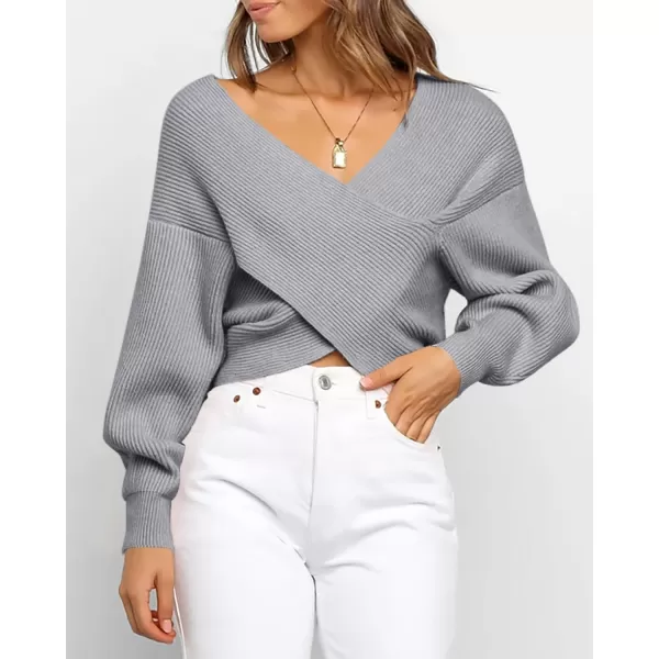 BTFBM Women Casual V Neck Long Sleeve Sweaters Cross Wrap Front Off Shoulder Asymmetric Hem Knitted Crop Solid PulloverSolid Grey