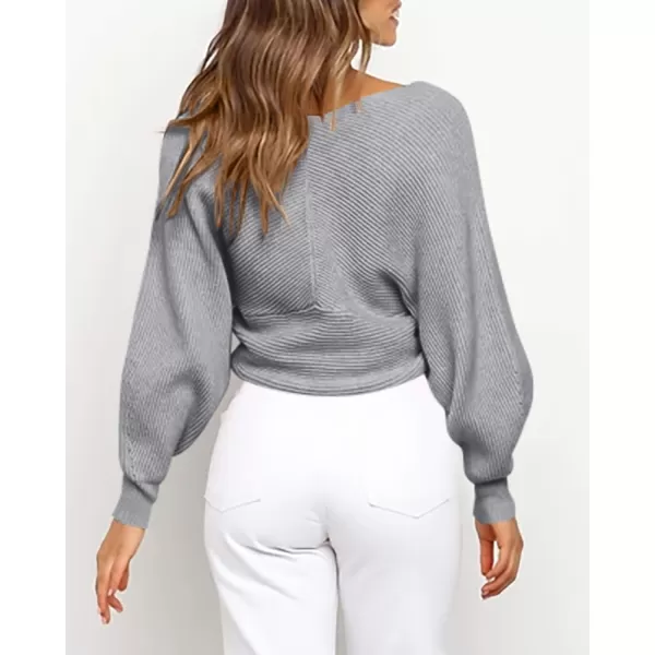 BTFBM Women Casual V Neck Long Sleeve Sweaters Cross Wrap Front Off Shoulder Asymmetric Hem Knitted Crop Solid PulloverSolid Grey
