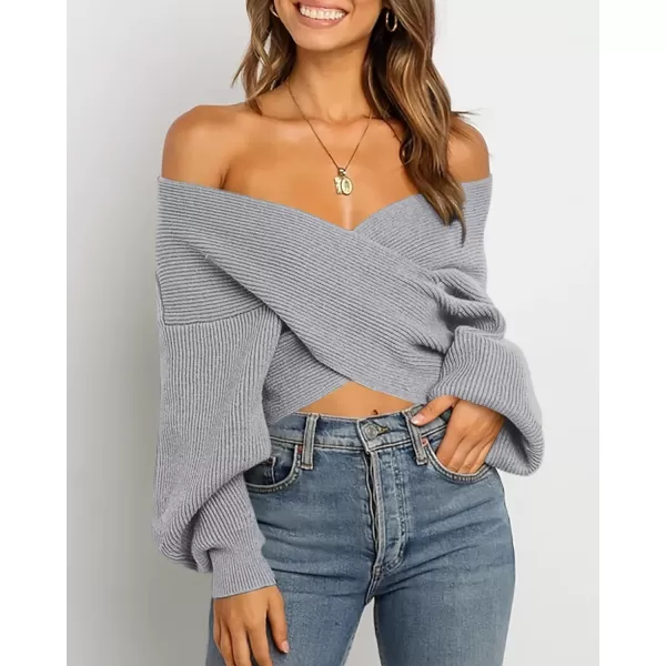 BTFBM Women Casual V Neck Long Sleeve Sweaters Cross Wrap Front Off Shoulder Asymmetric Hem Knitted Crop Solid PulloverSolid Grey