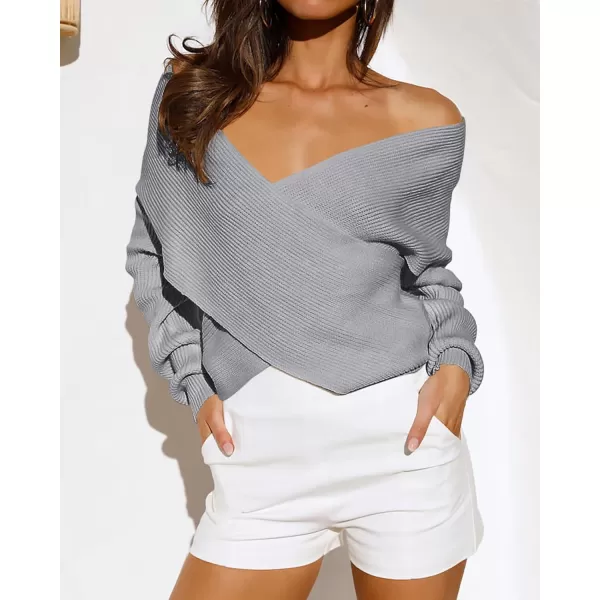 BTFBM Women Casual V Neck Long Sleeve Sweaters Cross Wrap Front Off Shoulder Asymmetric Hem Knitted Crop Solid PulloverSolid Grey
