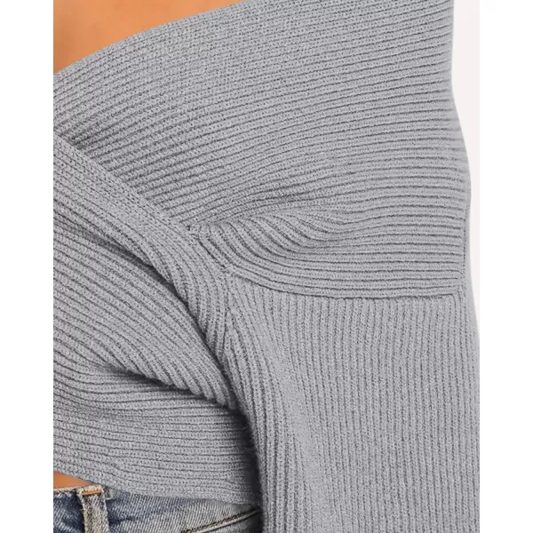 BTFBM Women Casual V Neck Long Sleeve Sweaters Cross Wrap Front Off Shoulder Asymmetric Hem Knitted Crop Solid PulloverSolid Grey