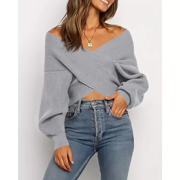 BTFBM Women Casual V Neck Long Sleeve Sweaters Cross Wrap Front Off Shoulder Asymmetric Hem Knitted Crop Solid PulloverSolid Grey