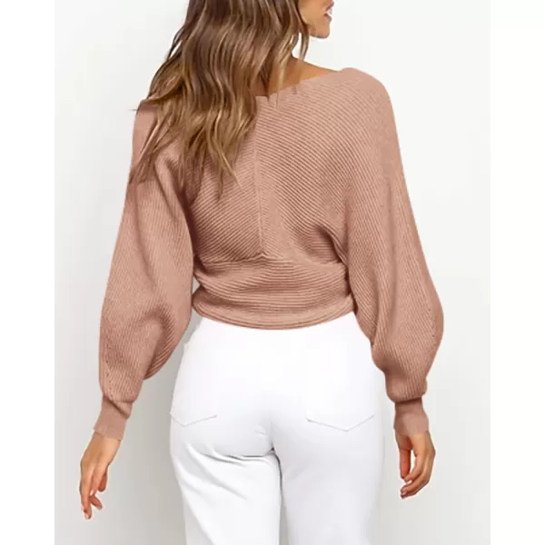 BTFBM Women Casual V Neck Long Sleeve Sweaters Cross Wrap Front Off Shoulder Asymmetric Hem Knitted Crop Solid PulloverSolid Khaki