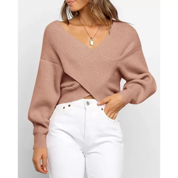 BTFBM Women Casual V Neck Long Sleeve Sweaters Cross Wrap Front Off Shoulder Asymmetric Hem Knitted Crop Solid PulloverSolid Khaki
