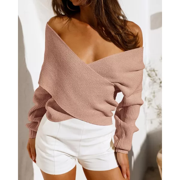 BTFBM Women Casual V Neck Long Sleeve Sweaters Cross Wrap Front Off Shoulder Asymmetric Hem Knitted Crop Solid PulloverSolid Khaki