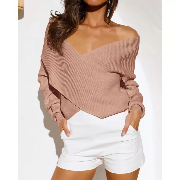 BTFBM Women Casual V Neck Long Sleeve Sweaters Cross Wrap Front Off Shoulder Asymmetric Hem Knitted Crop Solid PulloverSolid Khaki