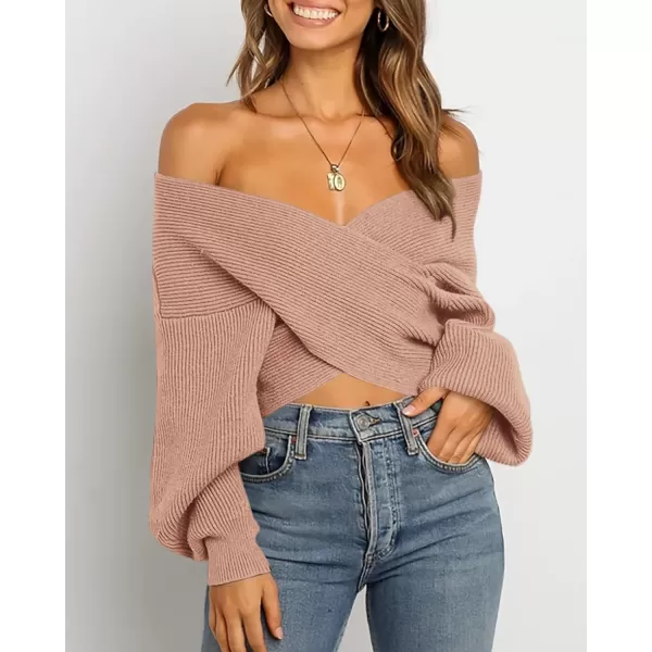 BTFBM Women Casual V Neck Long Sleeve Sweaters Cross Wrap Front Off Shoulder Asymmetric Hem Knitted Crop Solid PulloverSolid Khaki