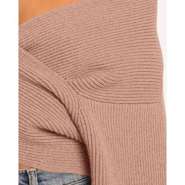 BTFBM Women Casual V Neck Long Sleeve Sweaters Cross Wrap Front Off Shoulder Asymmetric Hem Knitted Crop Solid PulloverSolid Khaki
