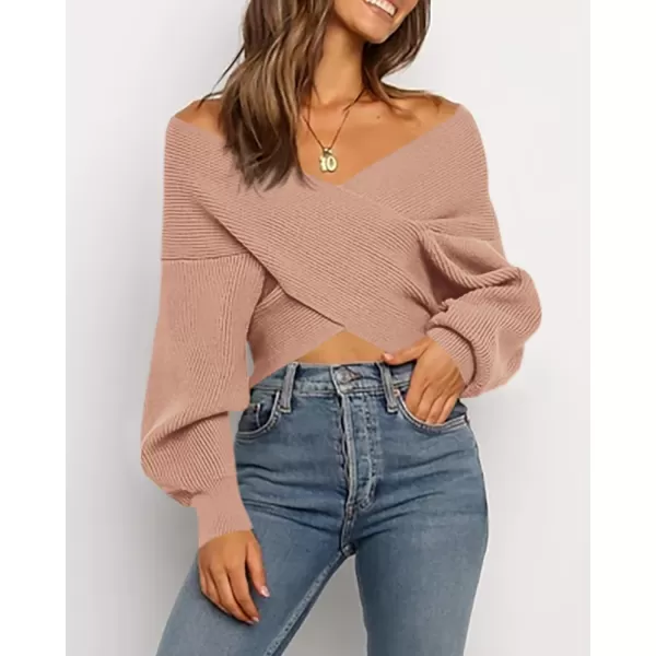 BTFBM Women Casual V Neck Long Sleeve Sweaters Cross Wrap Front Off Shoulder Asymmetric Hem Knitted Crop Solid PulloverSolid Khaki