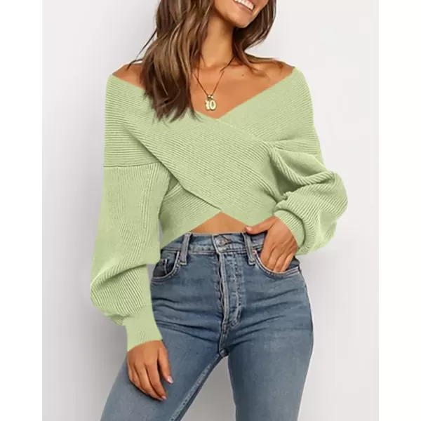 BTFBM Women Casual V Neck Long Sleeve Sweaters Cross Wrap Front Off Shoulder Asymmetric Hem Knitted Crop Solid PulloverSolid Light Green
