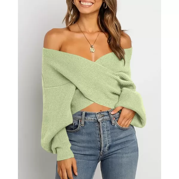 BTFBM Women Casual V Neck Long Sleeve Sweaters Cross Wrap Front Off Shoulder Asymmetric Hem Knitted Crop Solid PulloverSolid Light Green