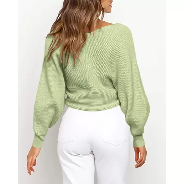 BTFBM Women Casual V Neck Long Sleeve Sweaters Cross Wrap Front Off Shoulder Asymmetric Hem Knitted Crop Solid PulloverSolid Light Green