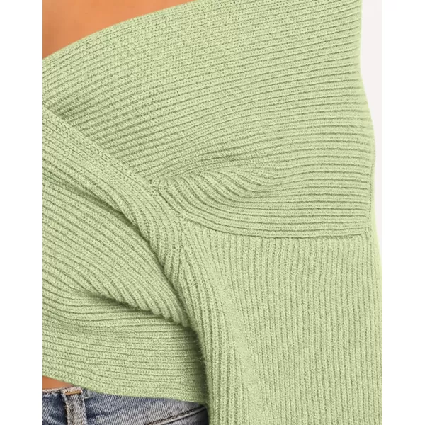 BTFBM Women Casual V Neck Long Sleeve Sweaters Cross Wrap Front Off Shoulder Asymmetric Hem Knitted Crop Solid PulloverSolid Light Green
