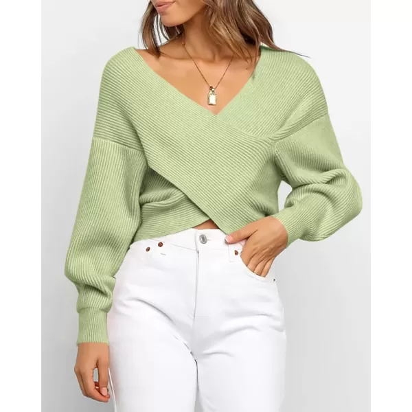 BTFBM Women Casual V Neck Long Sleeve Sweaters Cross Wrap Front Off Shoulder Asymmetric Hem Knitted Crop Solid PulloverSolid Light Green
