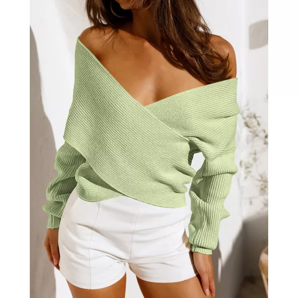 BTFBM Women Casual V Neck Long Sleeve Sweaters Cross Wrap Front Off Shoulder Asymmetric Hem Knitted Crop Solid PulloverSolid Light Green