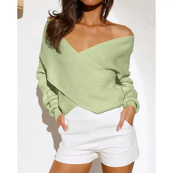 BTFBM Women Casual V Neck Long Sleeve Sweaters Cross Wrap Front Off Shoulder Asymmetric Hem Knitted Crop Solid PulloverSolid Light Green