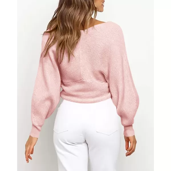 BTFBM Women Casual V Neck Long Sleeve Sweaters Cross Wrap Front Off Shoulder Asymmetric Hem Knitted Crop Solid PulloverSolid Pink