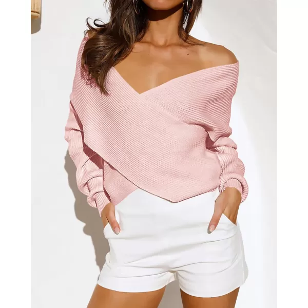 BTFBM Women Casual V Neck Long Sleeve Sweaters Cross Wrap Front Off Shoulder Asymmetric Hem Knitted Crop Solid PulloverSolid Pink