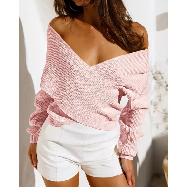 BTFBM Women Casual V Neck Long Sleeve Sweaters Cross Wrap Front Off Shoulder Asymmetric Hem Knitted Crop Solid PulloverSolid Pink
