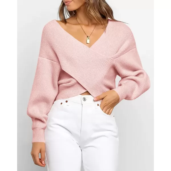 BTFBM Women Casual V Neck Long Sleeve Sweaters Cross Wrap Front Off Shoulder Asymmetric Hem Knitted Crop Solid PulloverSolid Pink