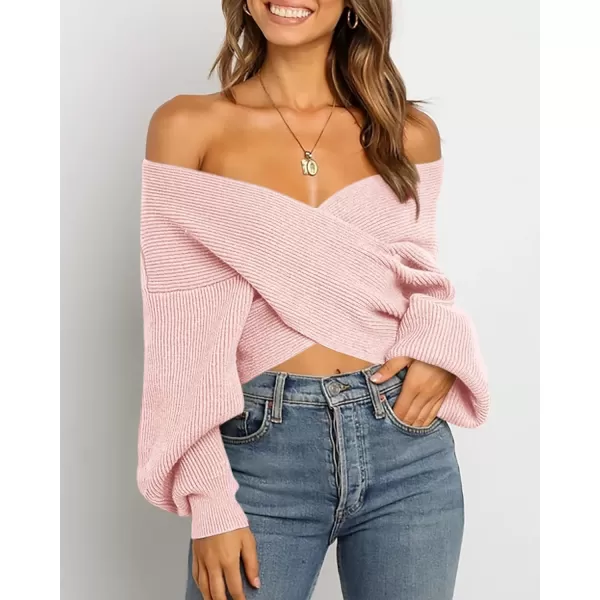 BTFBM Women Casual V Neck Long Sleeve Sweaters Cross Wrap Front Off Shoulder Asymmetric Hem Knitted Crop Solid PulloverSolid Pink