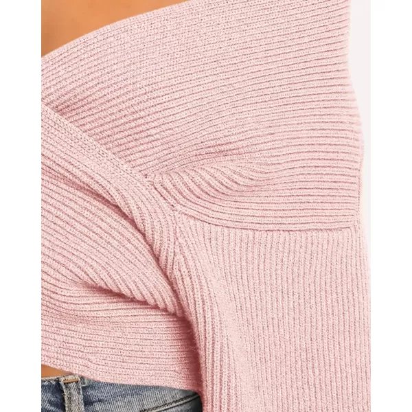BTFBM Women Casual V Neck Long Sleeve Sweaters Cross Wrap Front Off Shoulder Asymmetric Hem Knitted Crop Solid PulloverSolid Pink