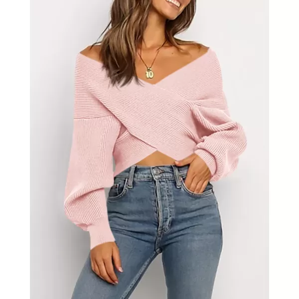 BTFBM Women Casual V Neck Long Sleeve Sweaters Cross Wrap Front Off Shoulder Asymmetric Hem Knitted Crop Solid PulloverSolid Pink